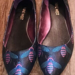 Nine West Navy Ballet Flats with Teal and Pink Bee Embroidery